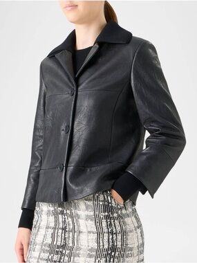 Akris Punto Black Crinkled Leather Jacket with Knit Collar